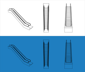 escalator isometric line drawing wireframe blueprint 3d  set vector   © WINDERFULL STUDIO