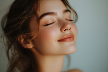 A close up of a girl's face with her eyes closed