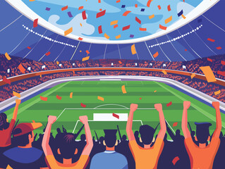 Crowd celebrating goal soccer stadium confetti flying fans cheering game win. Multiethnic group men women excited bright orange blue clothing standing capturing joyful moment huge openair arena