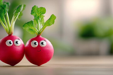 Two smiling radishes with cute face on kitchen table, cheerful fresh vegetable illustration with leaves, bright color concept of fresh farm products