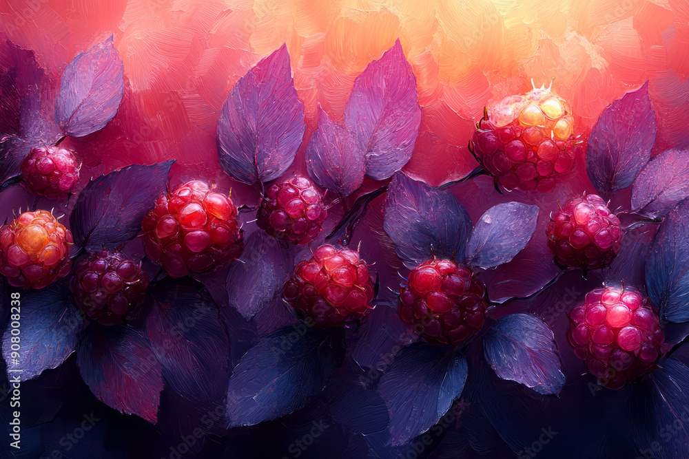 Poster abstract depiction of mulberries in various colors with dynamic brush strokes,