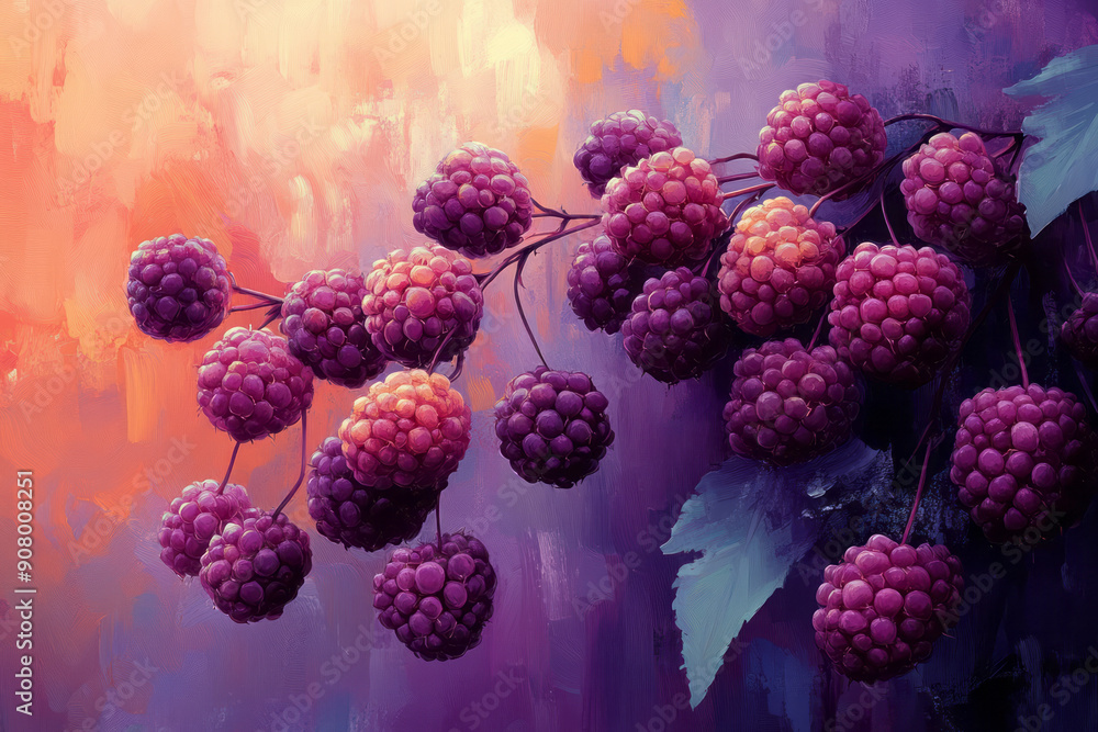 Poster Abstract depiction of mulberries in various colors with dynamic brush strokes,