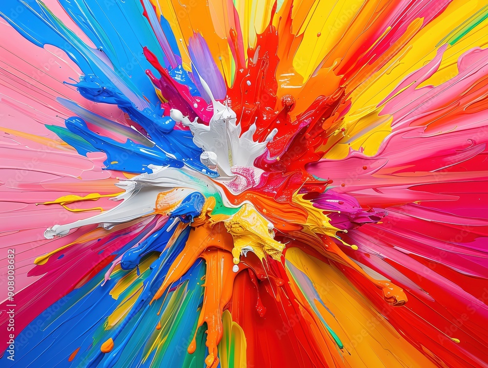 Poster a vibrant explosion of color showcasing a dynamic blend of paint splashes in various hues, perfect f