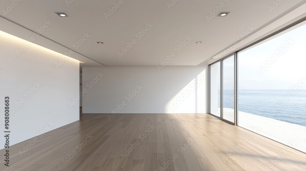 Poster modern empty room with large window offering stunning ocean views