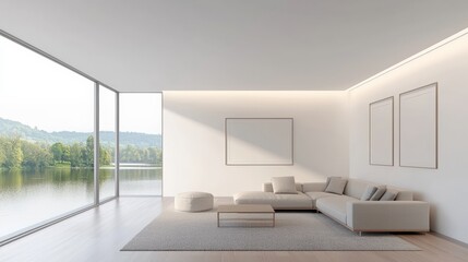 Modern Minimalist Living Room with Lake View and Blank Frames