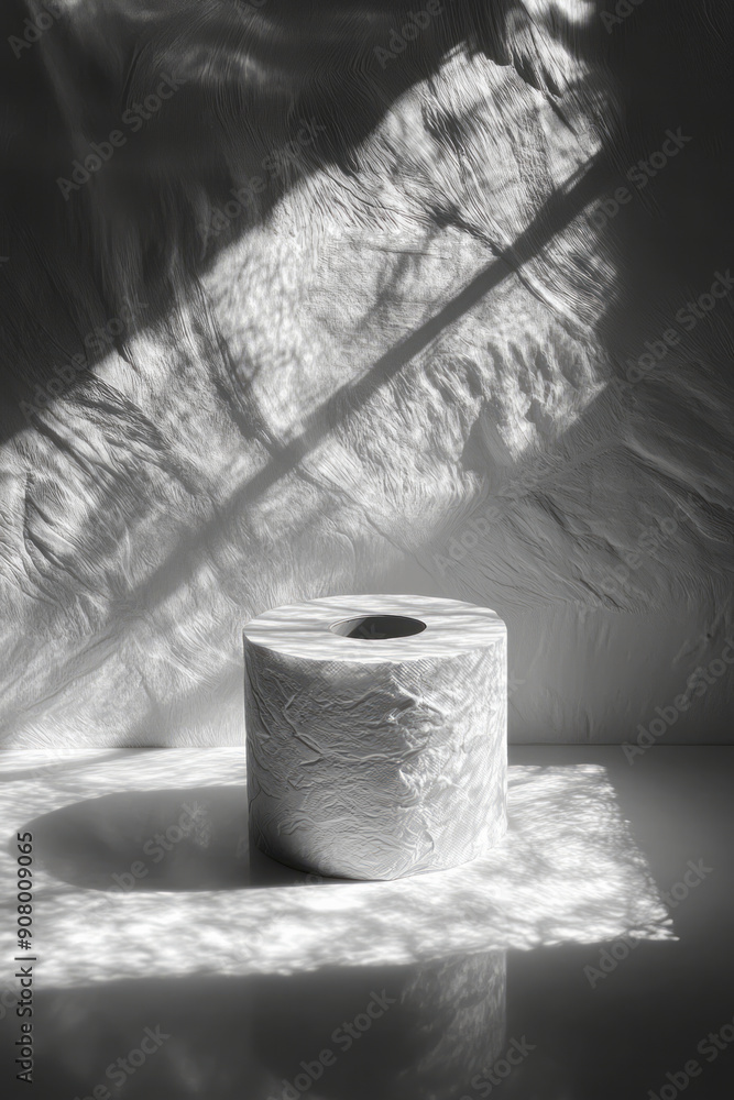 Poster minimalist design featuring a single toilet paper roll with abstract patterns, emphasizing luxury an