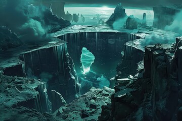 A Misty View of a Rugged Fractured Landscape with a Glimpse of a Distant Sea