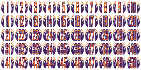 Numbers 1 to 50,athletic sport vintage vector embroidered sport ball