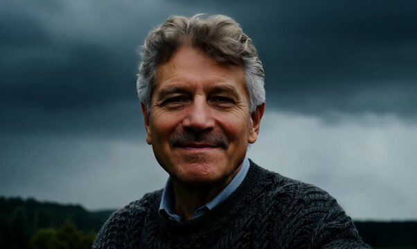 Medium shot portrait video of a pleased man in his 50s wearing a cozy sweater against a dramatic stormy sky background