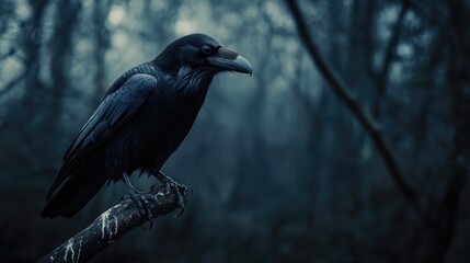 Fototapeta premium Creepy black raven perched on a branch, dark forest background, copy space