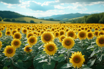Obraz premium Realistic depiction of a field of sunflowers with their edible seeds, under a radiant sky,