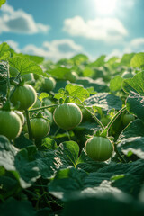 Fototapeta premium Abstract art of zucchini plants, with their fruits ripening under the sunny sky,