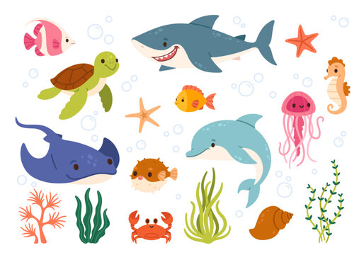Sea life. Cartoon ocean underwater animals. Cute water fish, sea horse, crab, shark, dolphin, turtle, happy jellyfish. Marine wildlife creatures. Kids vector illustration.