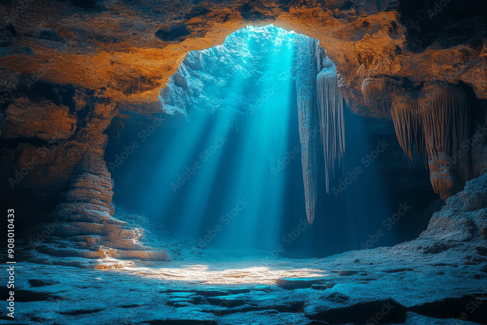 Poster artistic depiction of a mystical cave entrance with light filtering through, illuminating the intric