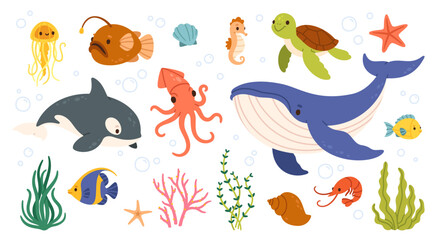 Sea animals. Ocean underwater aqua life. Marine wild animal. Childish tropical colorful fish, coral, algae and exotic elements. Funny whale, starfish, octopus, shrimp. Vector set. © Foxy Fox