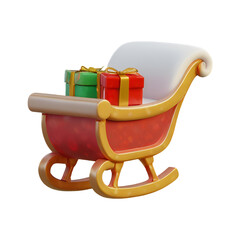An adorable 3D chibi Santa's sleigh with a bright red and gold design, overflowing with colorful presents, set against a transparent background.