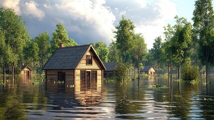 Obraz premium Flooded home in submerged village, climate change devastation, water rise