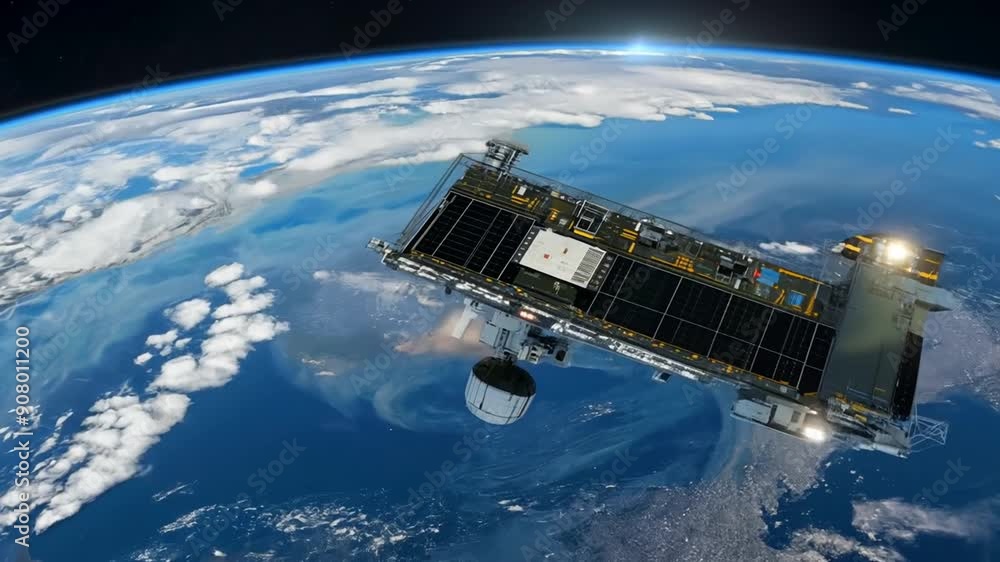 Poster satellite orbiting earth with visible clouds and land generative ai