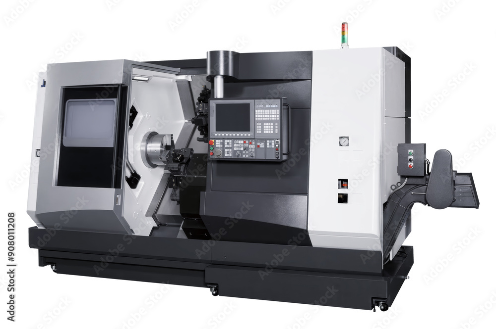Poster manufacturing professional metalworking machine. industrial concept. programmable modern cnc digital