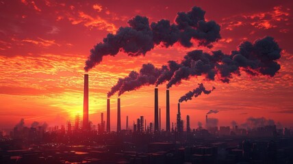 Smokestacks against crimson sky, carbon emissions, industrial impact
