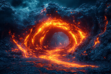 Modern depiction of a cave with a glowing lava river, creating a dramatic and intense atmosphere,