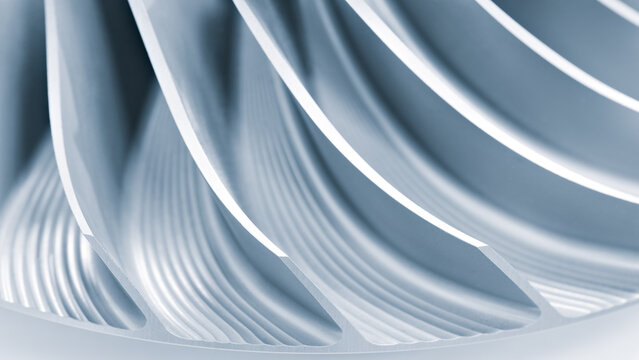Steel blades of turbine propeller. Close-up view. In B/W. Selected focus on foreground