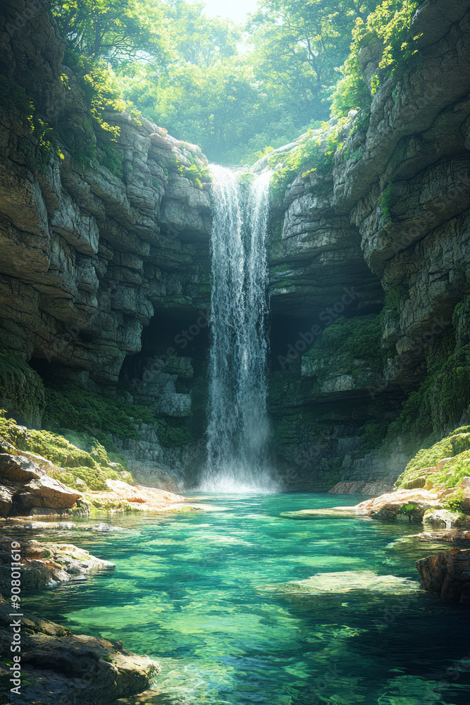 Poster artistic portrayal of a cave with a hidden waterfall, creating a sense of wonder and tranquility,