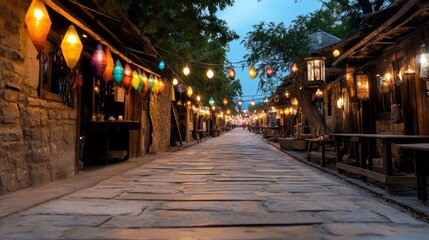 Fototapeta premium Charming Street with Colorful Lanterns at Dusk
