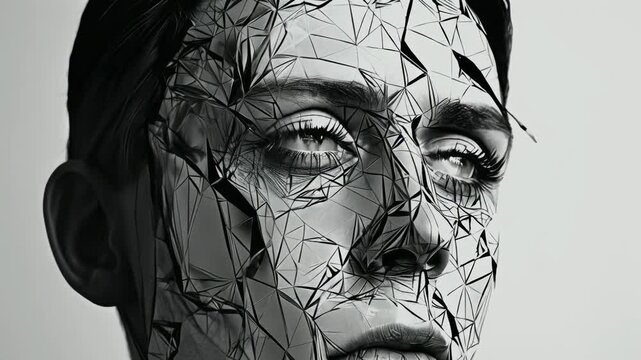 A digital artwork of a young Caucasian man's face adorned with intricate geometric patterns. The expressionless visage creates a futuristic and reflective mood, hinting at technology's impact on