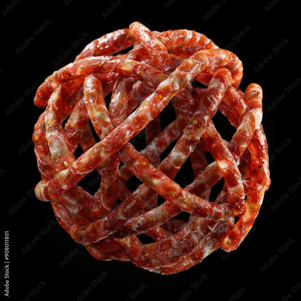 Poster close-up of an intricate sphere made from intertwining sausage links against a black background. per