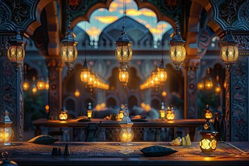 Fototapeta premium Immerse yourself in the enchanting beauty of Islamic art with this high-resolution image depicting lanterns aglow against a vibrant background.