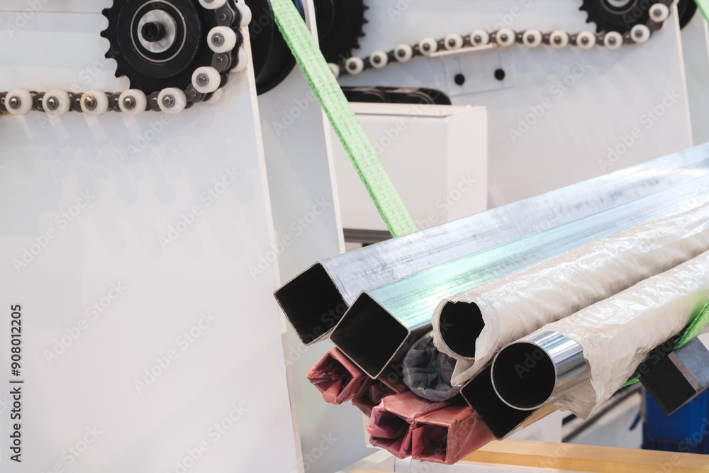 Poster industrial machine holding a bunch of pipes. the pipes are of different colors and sizes. the machin