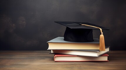 Stack of Books With Graduation Cap on Dark Background. Academic Achievement, Education Concept