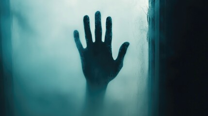 Creepy shadow of a hand on a foggy window, dimly lit room, copy space