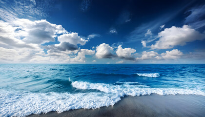 Fototapeta premium Under a vibrant blue sky with clouds a marine waves ocean background.