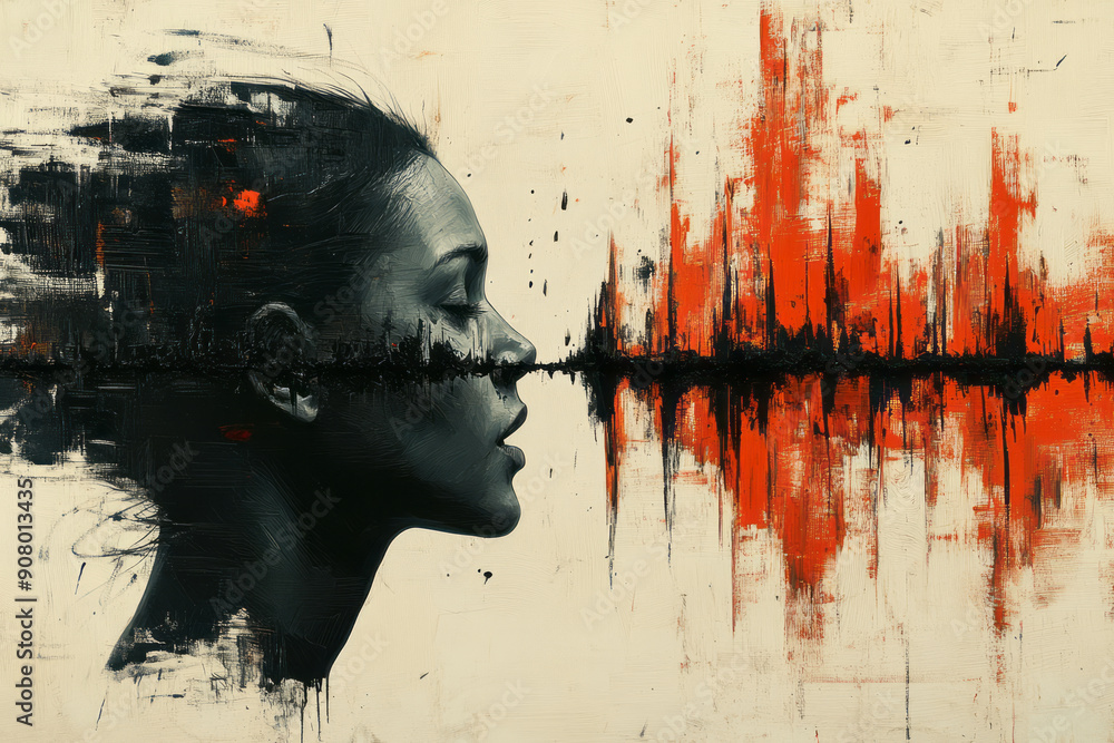 Poster abstract image of a conversation split by a jagged line of foreign words,