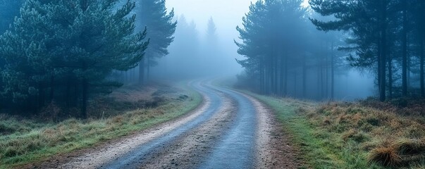 A winding road through a serene foggy forest, creating a peaceful atmosphere amidst tall trees and lush greenery.