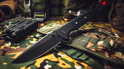 Black Tactical Knife on Camouflage Fabric