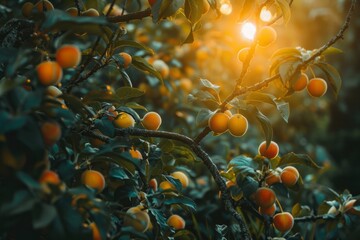 Harvest of ripe juicy apricots on a branch in the garden, agribusiness business concept, organic healthy food and non-GMO fruits with copy space
