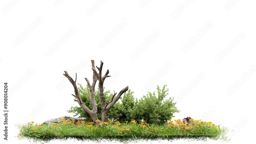 Aufkleber death tree and animation small tree with green grass footage, 3d illustration rendering