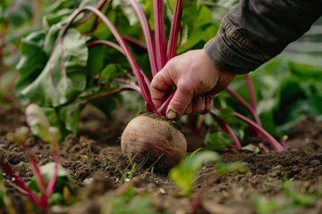 Red beet harvest in the field under sunlight. Agribusiness eco development concept, growing vegetables.
