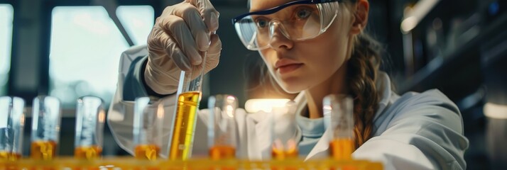 Female biologist conducting experiments in the field of biology holding test tubes with yellow liquid