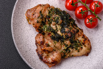 Grilled boneless chicken thigh with salt, spices and herbs