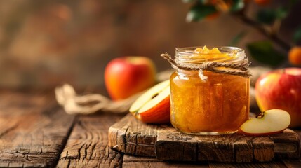 Apple jam in a jar on a wooden table. Homemade preparations.
