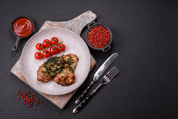 Grilled boneless chicken thigh with salt, spices and herbs