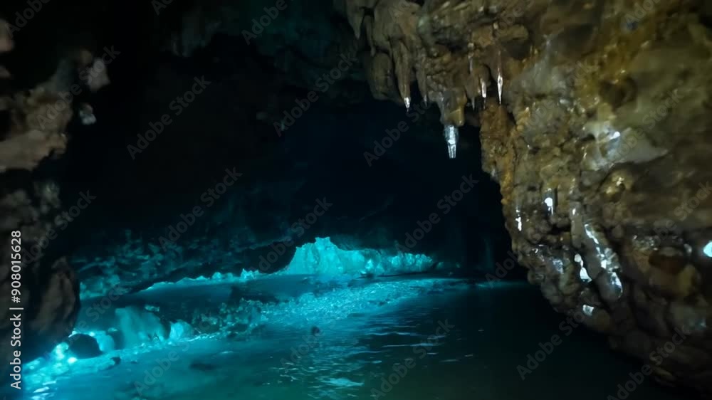 Poster handheld view of a dark cave with water and glowing light generative ai