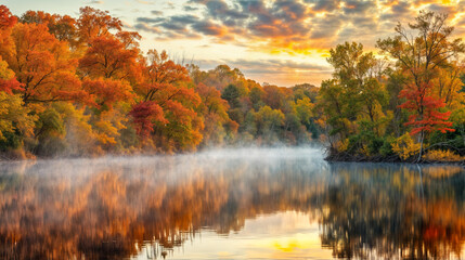 Vibrant autumn landscape by a river