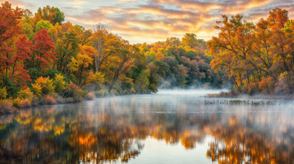 Fototapeta premium Vibrant autumn landscape by a river