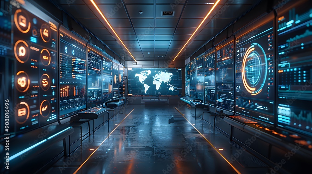 Poster a futuristic room with many computer monitors and a large world map on the wall. the room is filled 