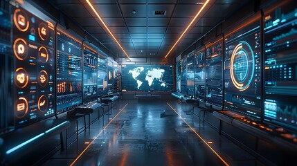 A futuristic room with many computer monitors and a large world map on the wall. The room is filled with bright colors and the atmosphere is energetic and exciting